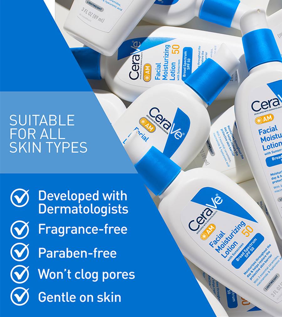 CeraVe AM Lotion Hydratante Visage SPF 50 – Hydratant Visage avec Écran Solaire (89 ml)