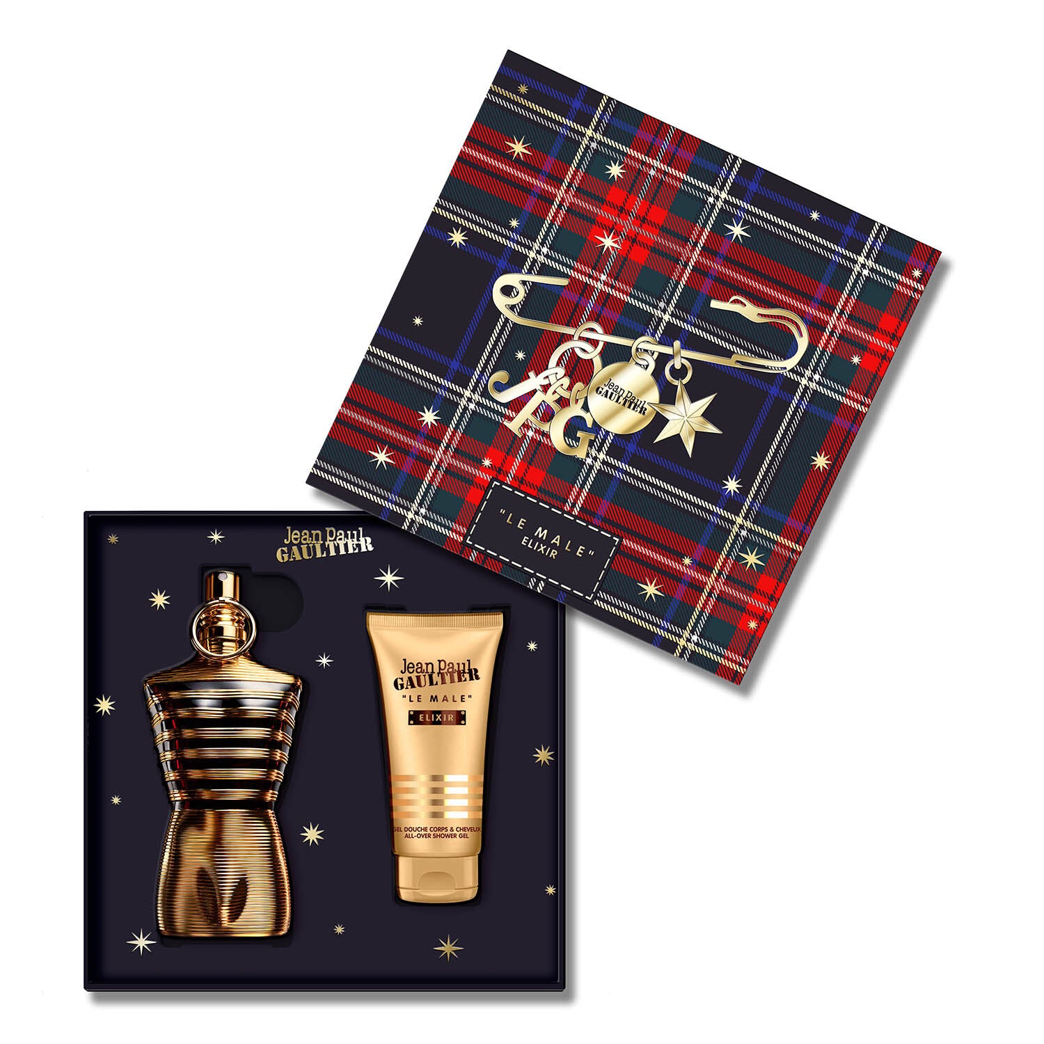 JEAN PAUL GAULTIER LE MALE ELIXIR Coffret cadeau – Parfum 125 ml + Vaporisateur de voyage 10 ml + Gel douche 75 ml