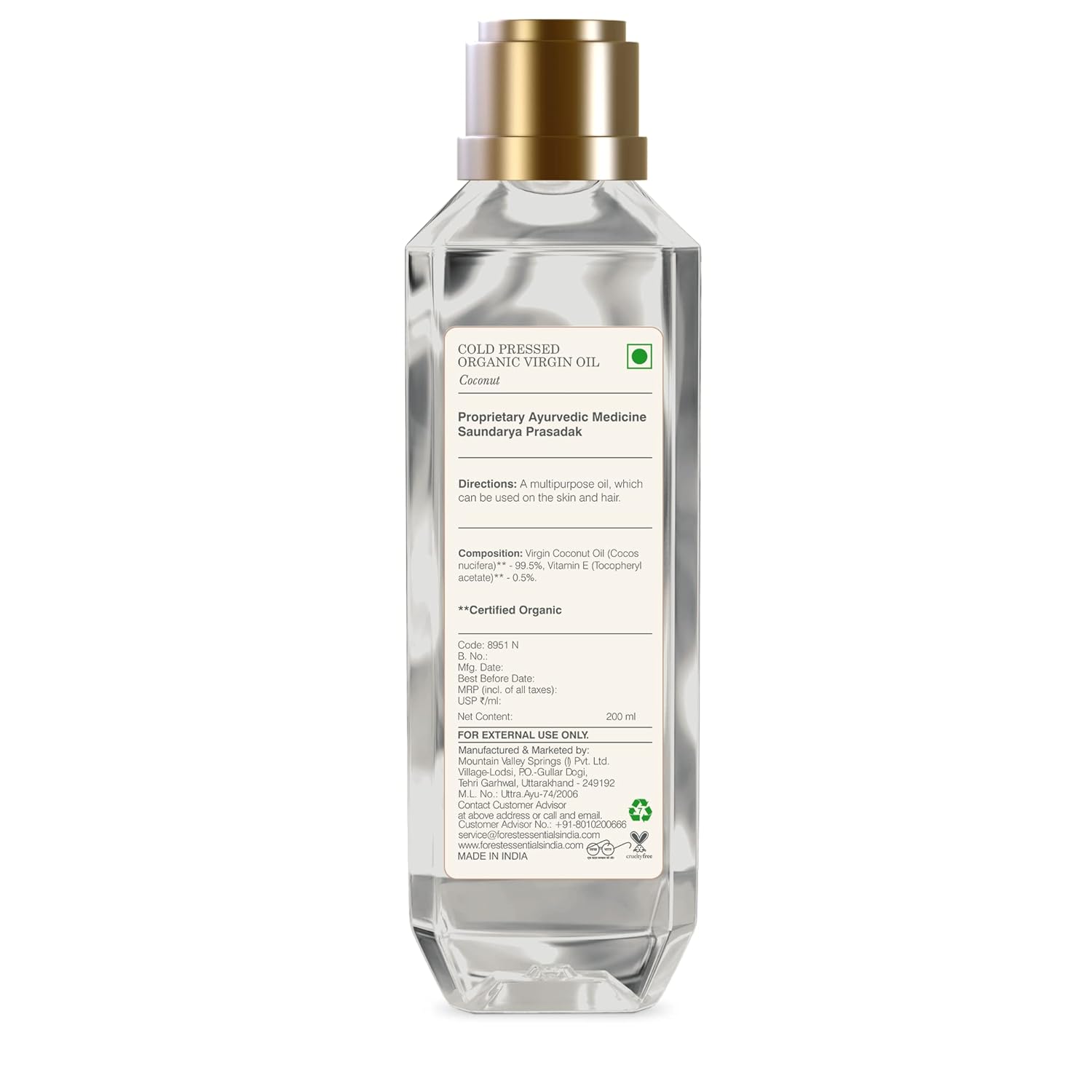 Forest Essentials Organic Pure Cold Pressed Virgin Coconut Oil 100% Pure and Natural - 200ml