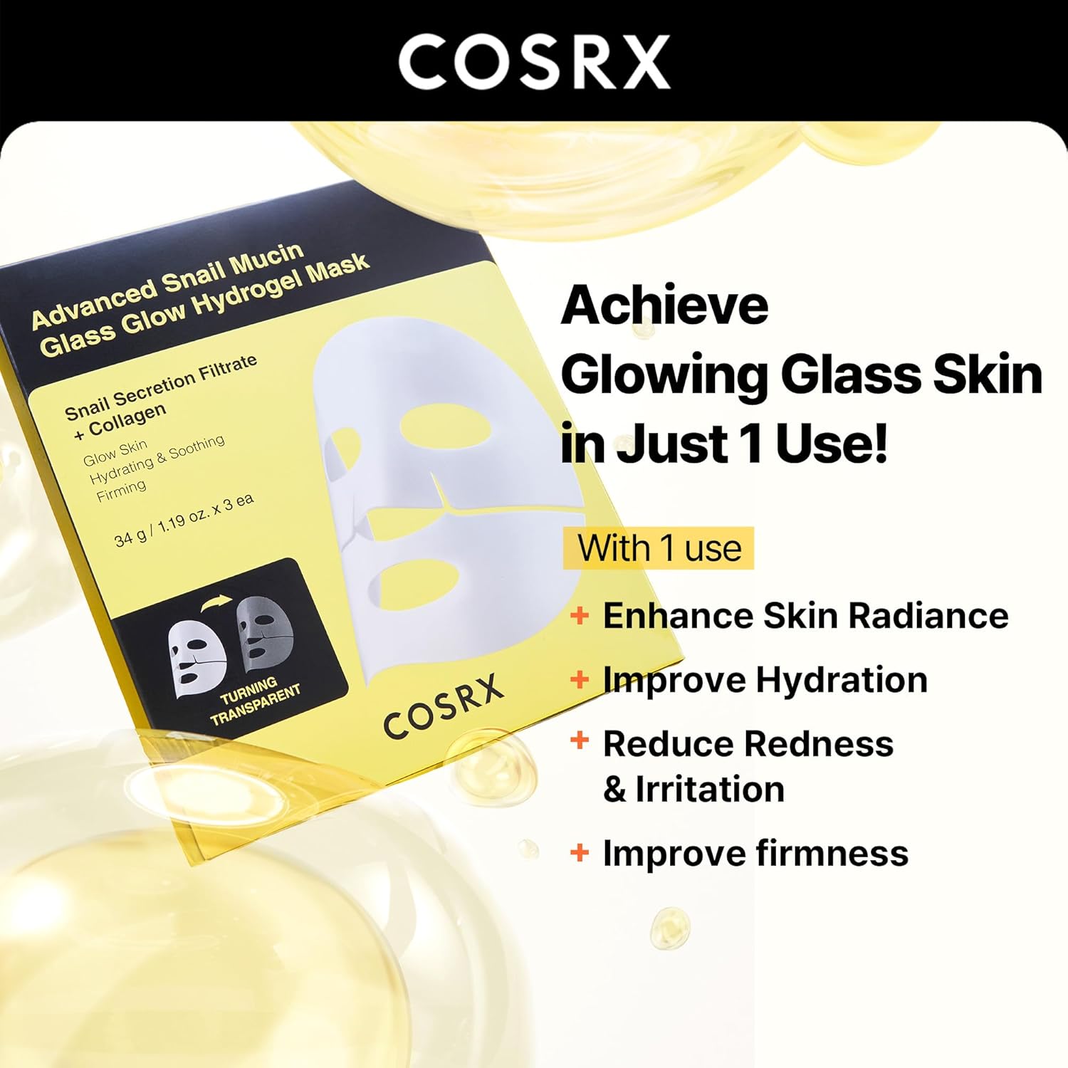 Masque Visage Hydrogel Brillance Verre à la Mucine d'Escargot Avancée Cosrx