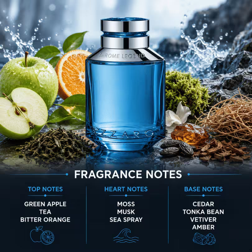 Azzaro Chrome Legend EDT fragrance notes with Green Apple, Tea, Moss, Cedar and Amber