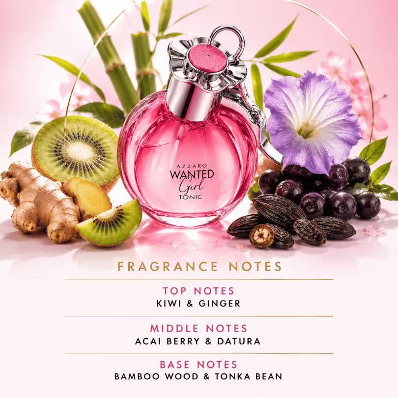 Azzaro Wanted Girl Tonic fragrance notes with Kiwi, Ginger, Acai Berry, Datura, Bamboo Wood and Tonka Bean