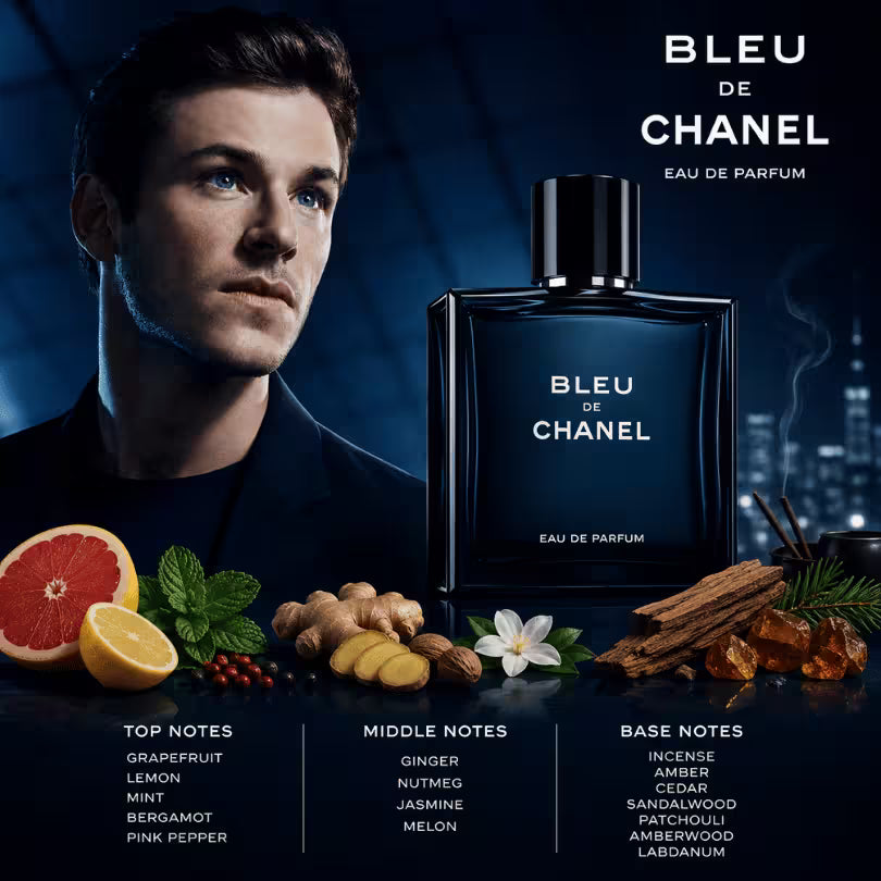 Bleu de Chanel EDP 100ml fragrance notes with citrus, ginger, cedar and sandalwood