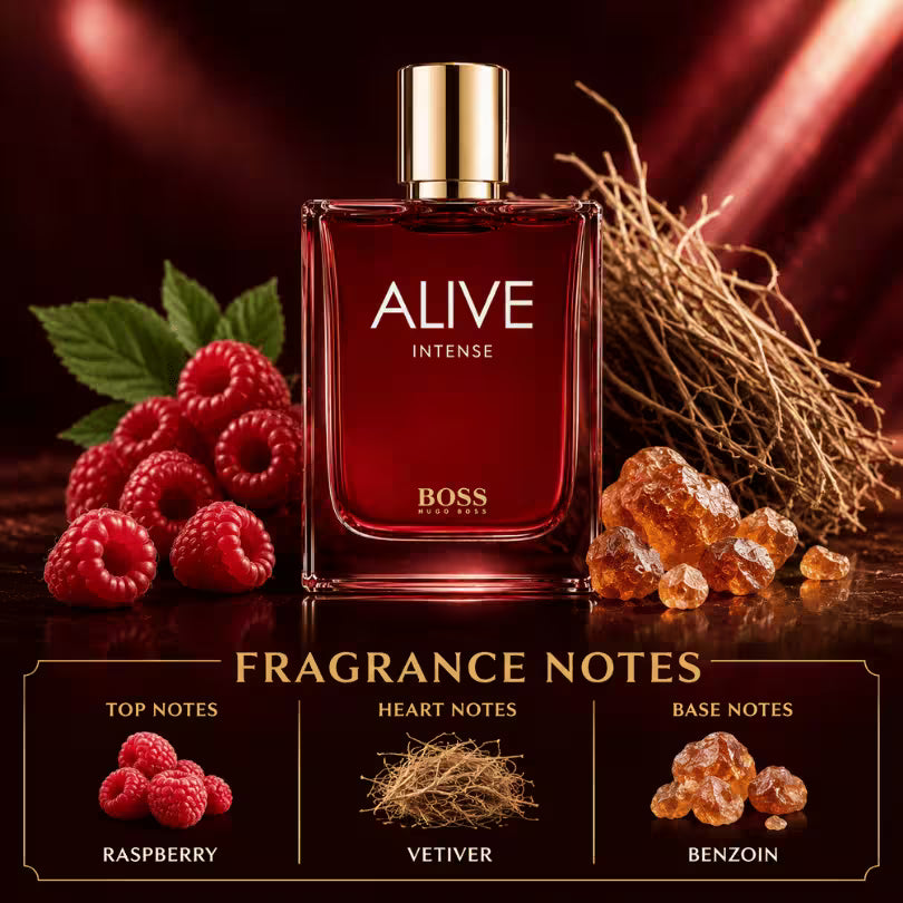 BOSS Alive Intense fragrance notes including raspberry, vetiver and benzoin