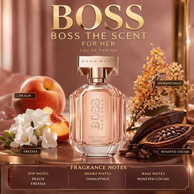 BOSS The Scent For Her fragrance notes including peach, freesia, osmanthus and roasted cocoa