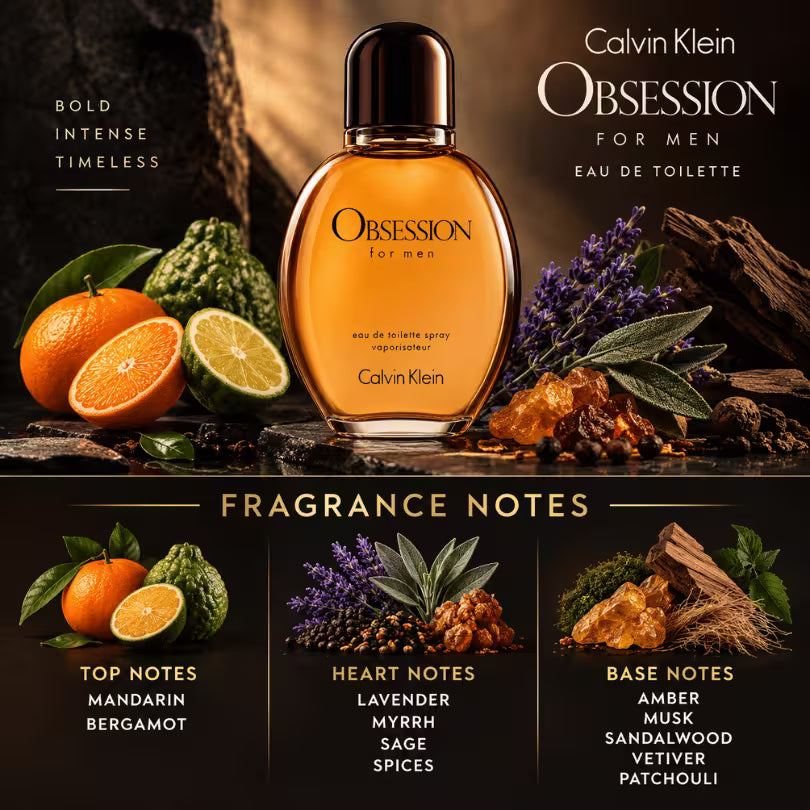 Calvin Klein Obsession EDT fragrance notes with Mandarin, Bergamot, Lavender, Amber and Patchouli
