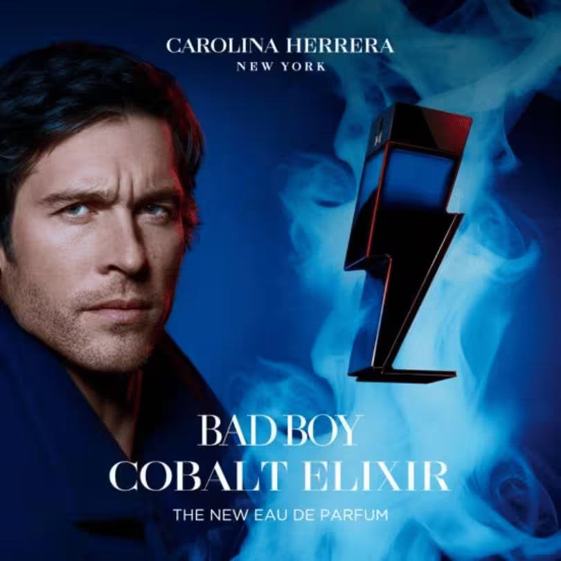 Carolina Herrera Bad Boy Cobalt Elixir men's fragrance campaign