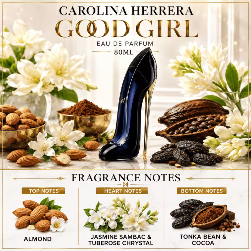 Carolina Herrera Good Girl fragrance notes with Almond, Jasmine Sambac, Tuberose, Tonka Bean and Cocoa
