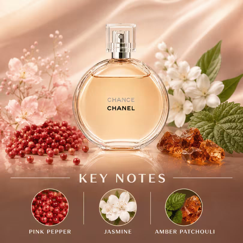 CHANEL CHANCE EDT 50ml key notes with Pink Pepper, Jasmine and Amber Patchouli
