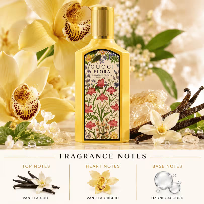 Gucci Flora Gorgeous Orchid Eau de Parfum fragrance notes featuring Vanilla Duo, Vanilla Orchid and Ozonic Accord