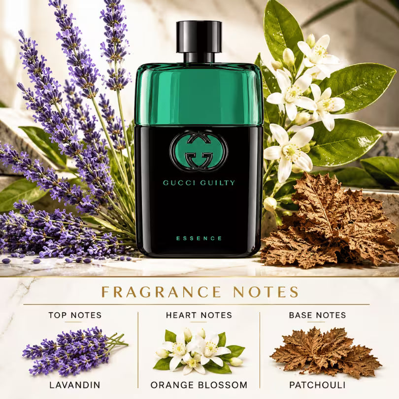 Gucci Guilty Essence Pour Homme EDT fragrance notes with lavandin, orange blossom and patchouli