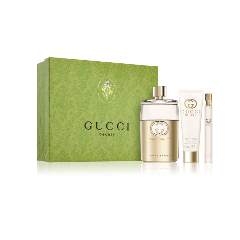 Gucci Guilty Pour Femme gift set with perfume, pen spray and body lotion in green Gucci packaging