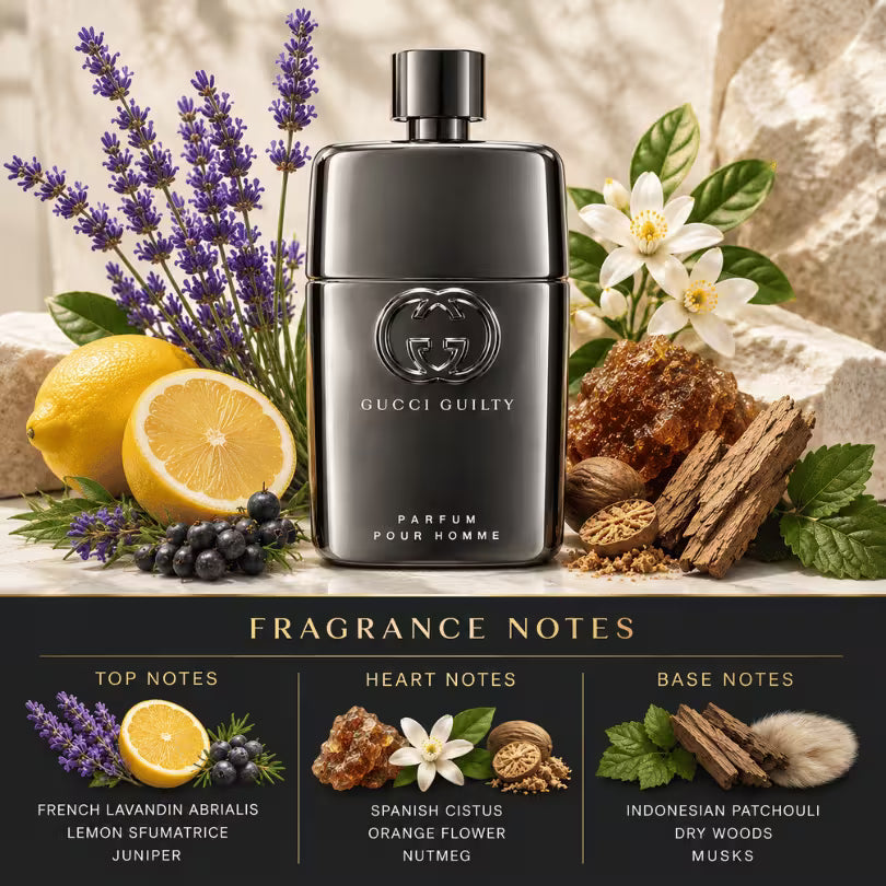 Gucci Guilty Pour Homme Parfum fragrance notes with French Lavandin Abrialis, Lemon Sfumatrice, Juniper, Spanish Cistus, Orange Flower, Nutmeg, Indonesian Patchouli, Dry Woods and Musks