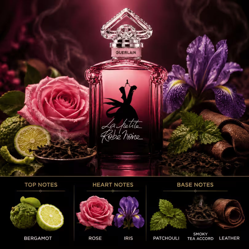 Guerlain La Petite Robe Noire Eau de Parfum Absolue 50ml fragrance notes featuring bergamot, rose, iris, patchouli, smoky tea accord, and leather.