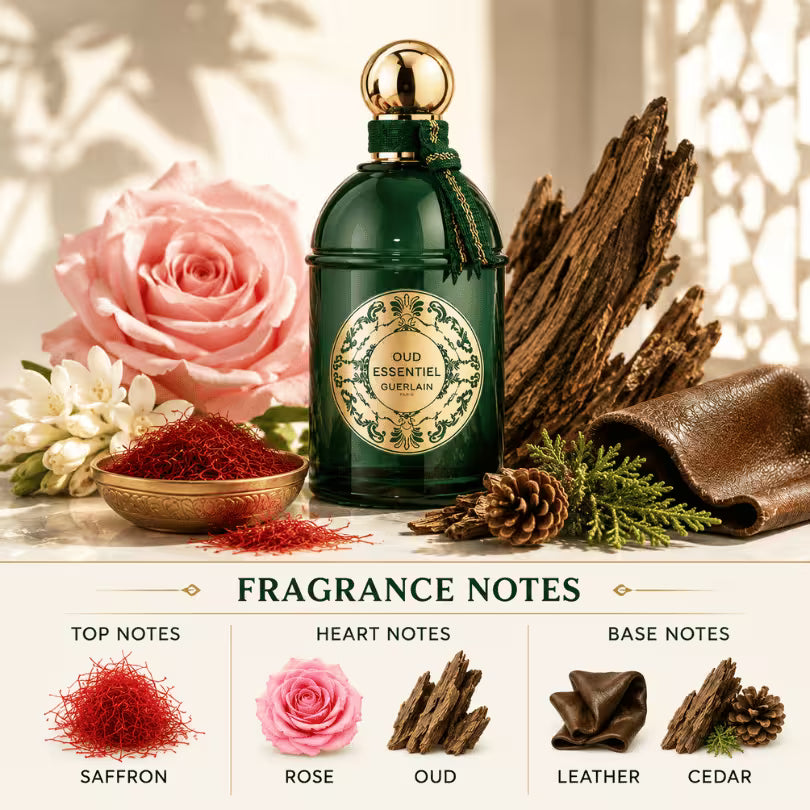 Fragrance notes of Guerlain Oud Essentiel Eau de Parfum 125ml with saffron, rose, oud, leather, and cedar.