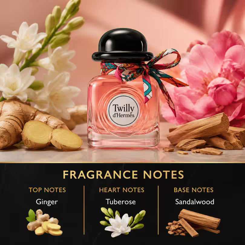 Hermès Twilly d'Hermès Eau de Parfum 85ml fragrance notes featuring ginger, tuberose, and sandalwood