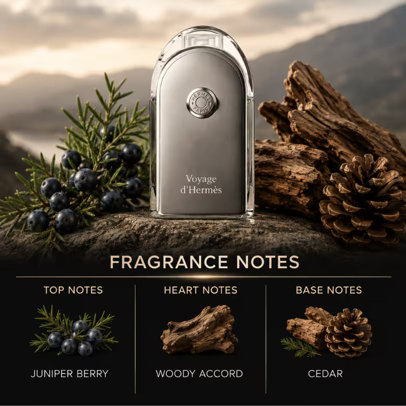 Hermès Voyage d'Hermès fragrance notes featuring juniper berry, woody accord, and cedar