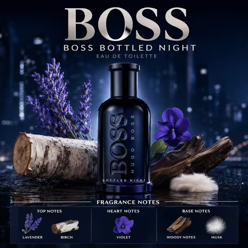 BOSS Bottled Night fragrance notes including lavender, violet and woody