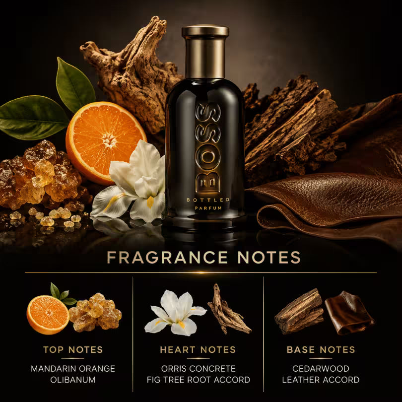 Hugo Boss Boss Bottled Parfum fragrance notes featuring mandarin orange, olibanum, orris concrete, fig tree root accord, cedarwood, and leather accord