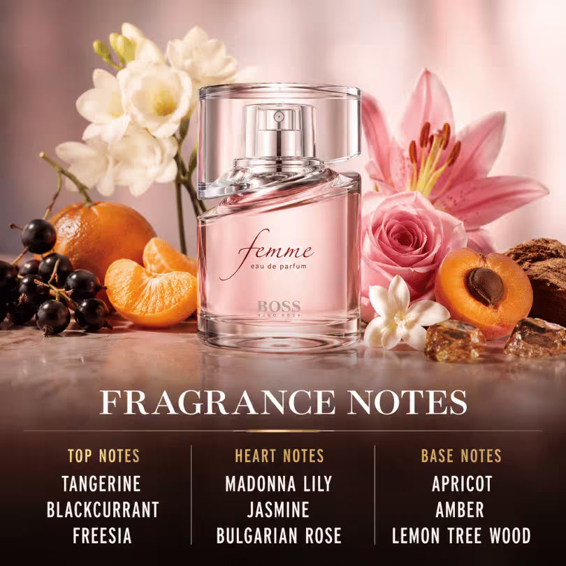 Hugo Boss Boss Femme Eau de Parfum 50ML fragrance notes featuring tangerine, blackcurrant, freesia, Madonna lily, jasmine, Bulgarian rose, apricot, amber, and lemon tree wood
