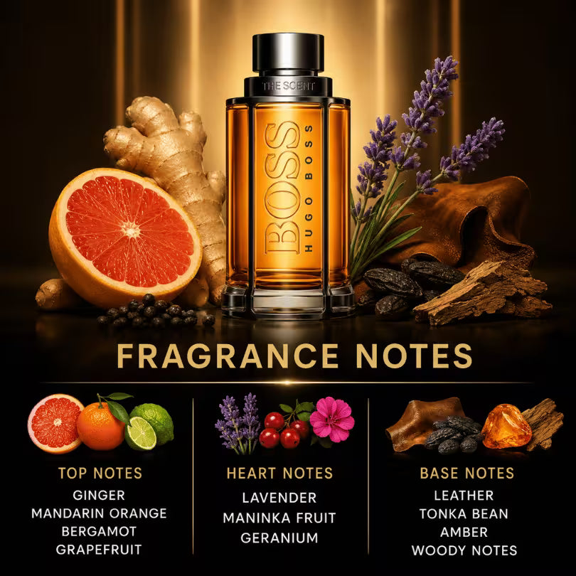 Hugo Boss The Scent EDT for Men fragrance notes featuring ginger, maninka fruit, lavender, leather, and woody accords