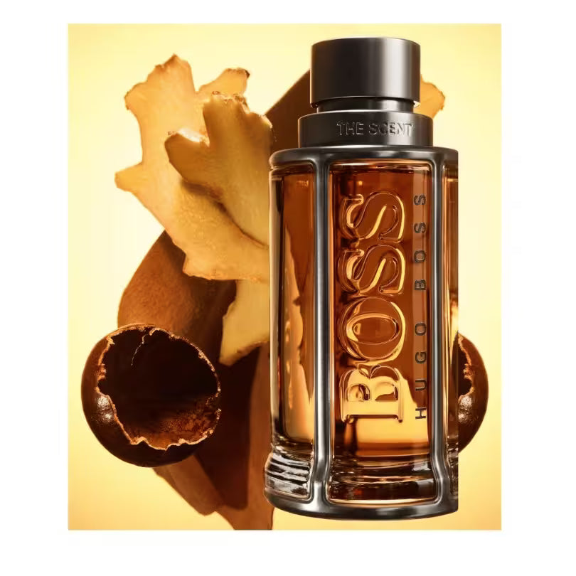 Hugo Boss The Scent EDT for Men 100ML bottle with luxury amber background