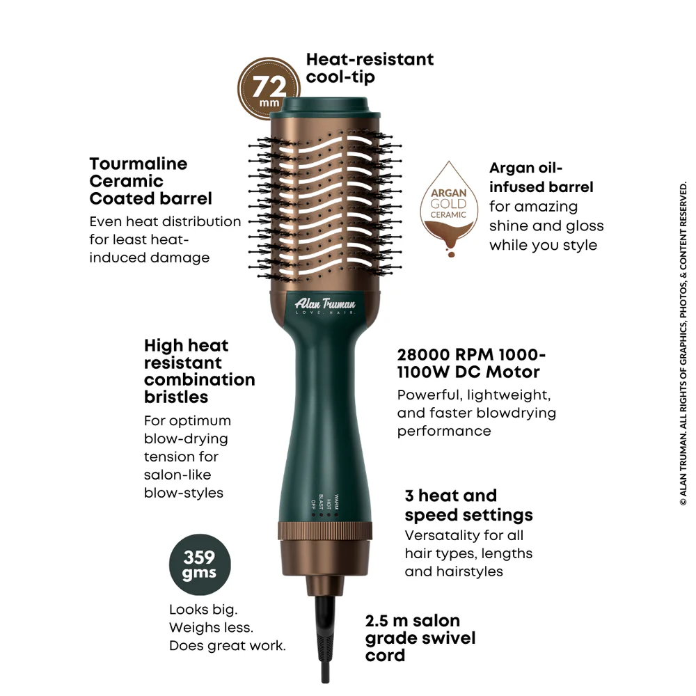 Brosse soufflante Alan Truman avec étui de rangement et de voyage Jade Vert-Or pour un séchage facile