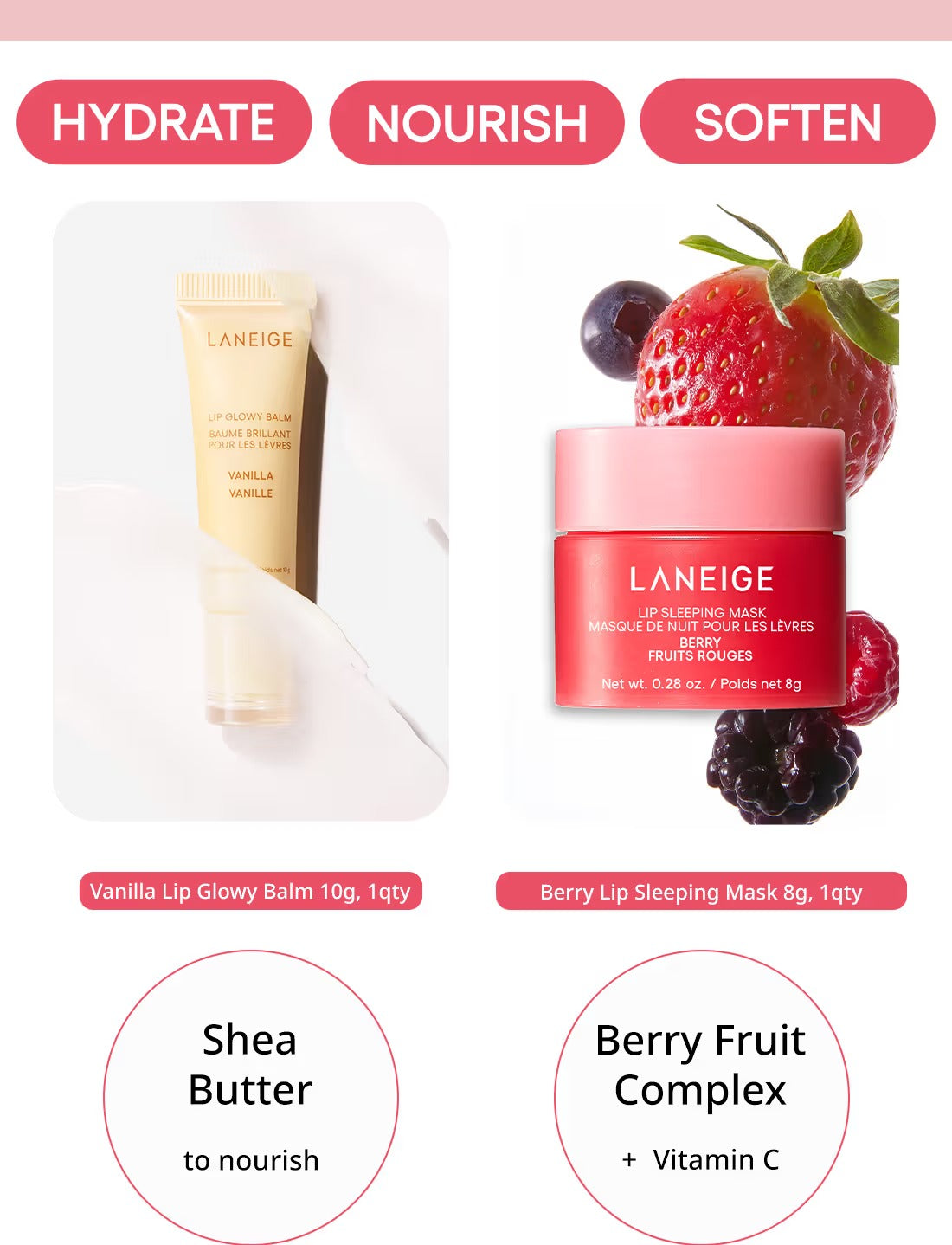 LANEIGE Ensemble de soins pour les lèvres 2.0 Masque de nuit pour les lèvres Baies Mini + Baume à lèvres éclat Vanille
