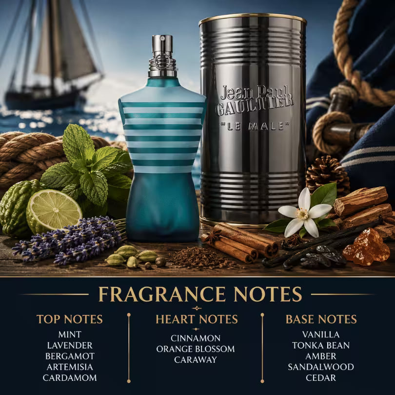 Jean Paul Gaultier Le Male EDT 125ML fragrance notes featuring mint, lavender, bergamot, artemisia, cardamom, cinnamon, orange blossom, vanilla, tonka bean, amber, sandalwood and cedar