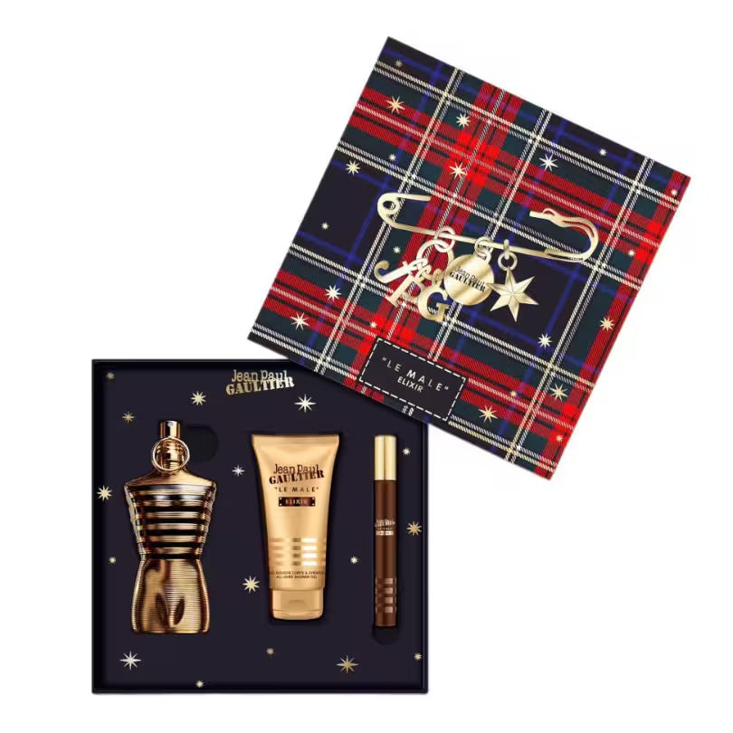 Jean Paul Gaultier Le Male Elixir 3 piece gift set with perfume travel spray and shower gel