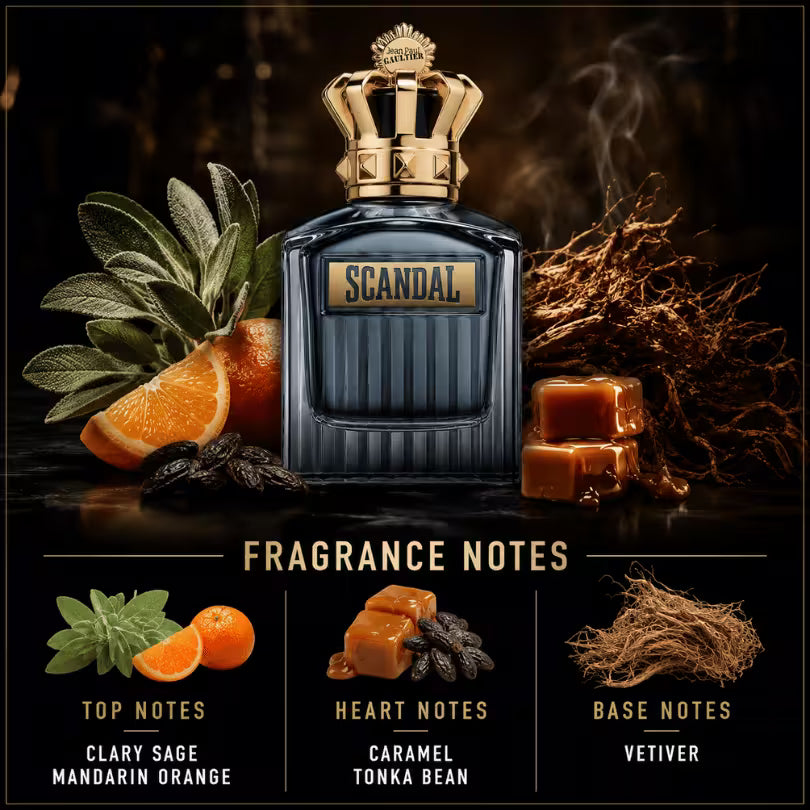 Jean Paul Gaultier Scandal Pour Homme EDT Refillable 100ML fragrance notes featuring clary sage, mandarin orange, caramel, tonka bean, and vetiver