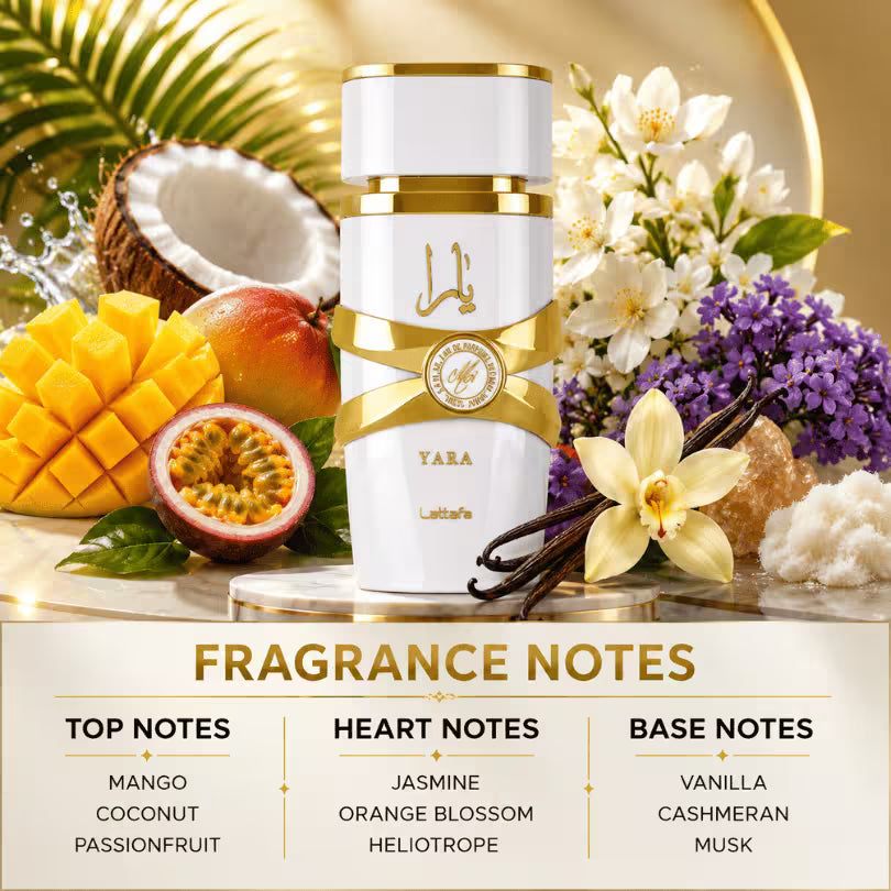 Lattafa Yara Moi pear jasmine and vanilla fragrance notes