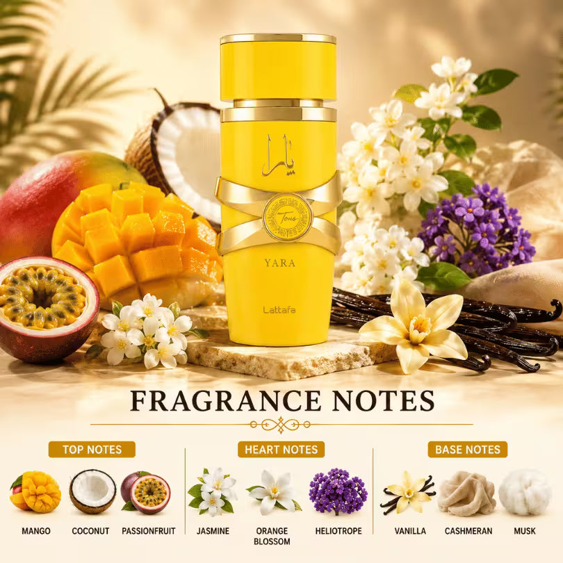 Lattafa Yara Tous Eau de Parfum 100ml fragrance notes featuring mango, coconut, passionfruit, jasmine, orange blossom, heliotrope, vanilla, cashmeran and musk