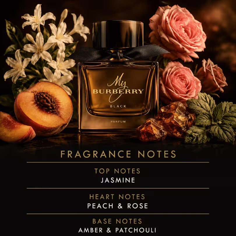 My Burberry Black Parfum fragrance notes with Jasmine, Peach, Rose, Amber and Patchouli