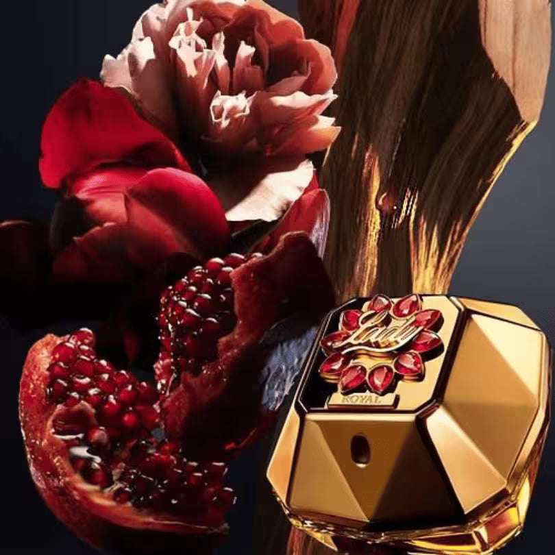 Paco Rabanne Lady Million Royal perfume bottle with flowers and pomegranate